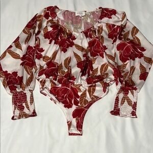Bohme Floral Print Satin Feel Long Sleeve Bodysuit Blouse